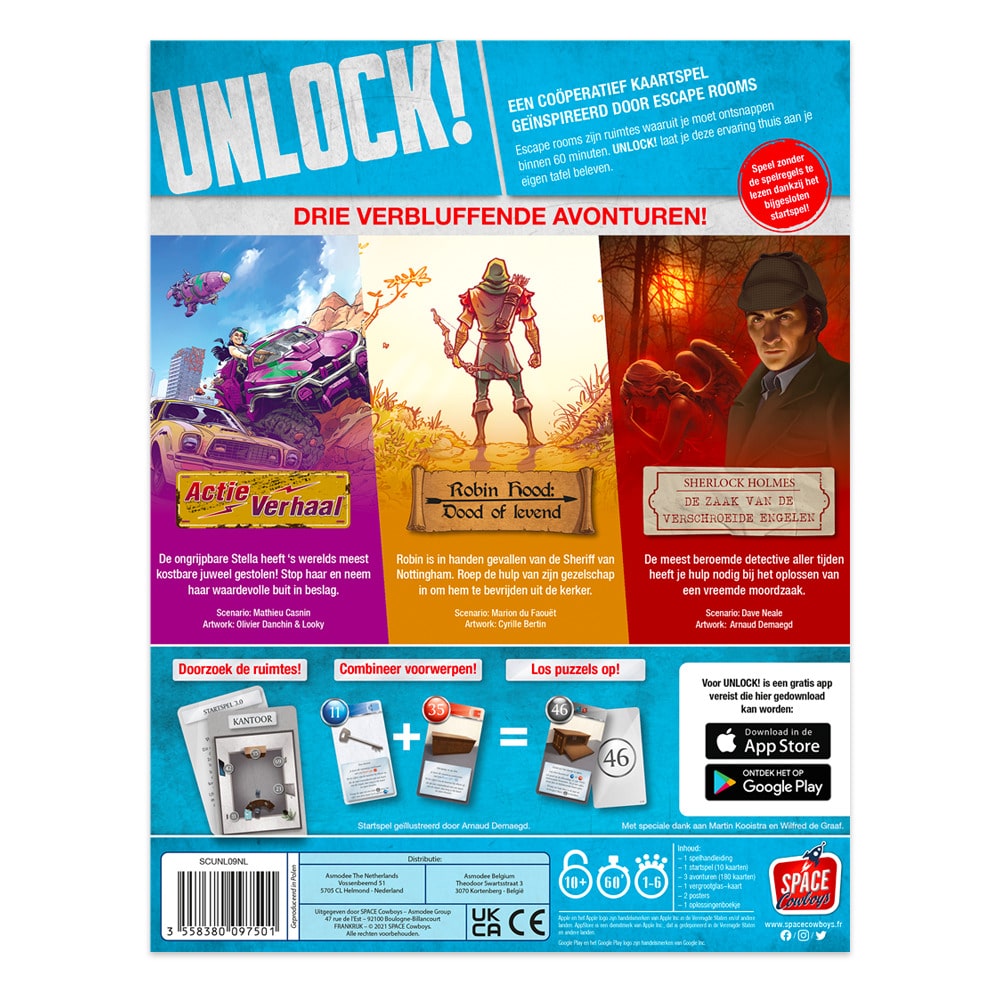 Achterkant van Unlock! 9 - Legendarische Avonturen: Escape Room Spel voor Thuis met beschrijvingen van de avonturen.