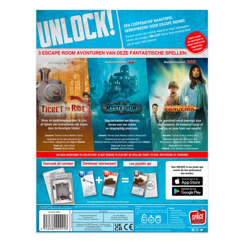 Achterzijde van Unlock! 10 - Spel Avonturen: Escape Room Spel Thuis met speluitleg en componenten
